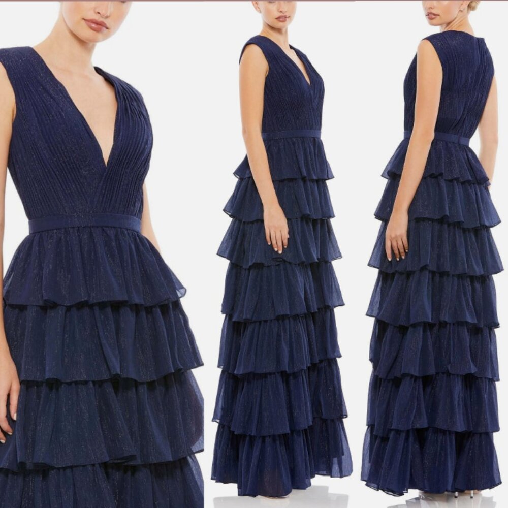 MAC DUGGAL 49287 SPARKLY RUFFLED LAYERED MIDNIGHT GOWN sz 4